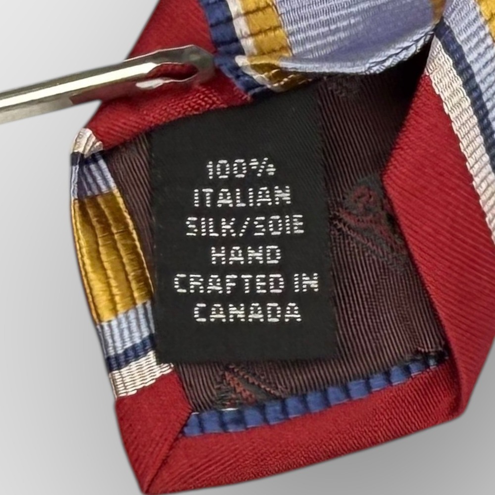 Dion Collection Men’s Silk Necktie Red Blue Yellow Striped Handmade 3.5" x 60" - Picture 7 of 7